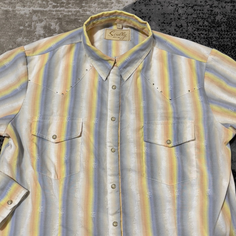 Scully Western Shirt Women Large Yellow Pearl Snap Striped Studded Cowgirl Rodeo